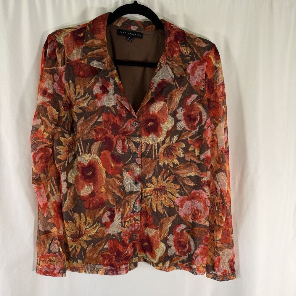 Jane Delancey Blouse Women's Medium Red Floral Button Up Long Sleeve Semi Sheer